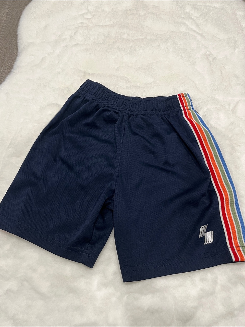 Place Navy Athletic Shorts with Rainbow Side Stripes